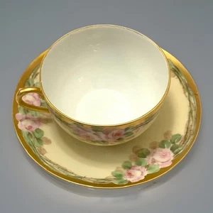 Antique Austria Rose Gold Teacup Saucer Victorian Regency Germany VTG Hand Paint - Picture 1 of 22