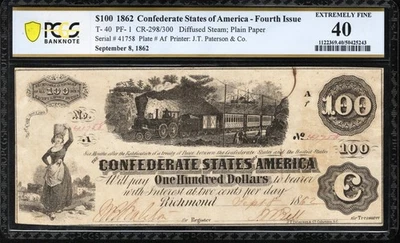 T-40 1862 $100 CONFEDERATE CURRENCY TRAIN NOTE PCGS 40  CIVIL WAR MONEY - Image 1 of 2