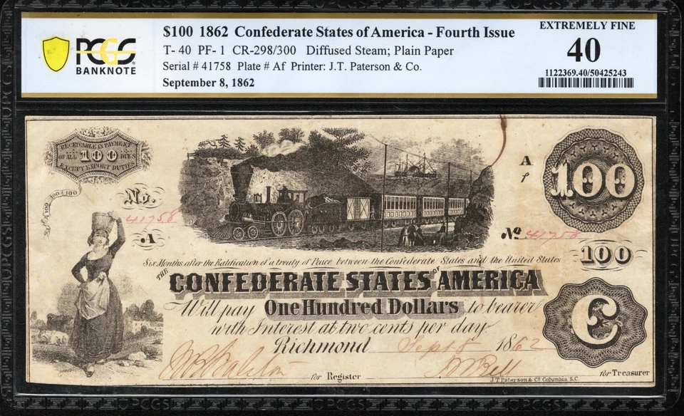 T-40 1862 $100 CONFEDERATE CURRENCY TRAIN NOTE PCGS 40  CIVIL WAR MONEY - Image 1 of 2
