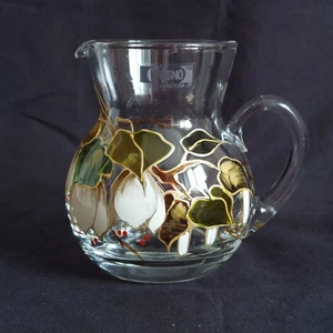 Krosno Poland Clear Glass Creamer Milk Jug Hand Painted Flower Floral H 11cm - Picture 1 of 24