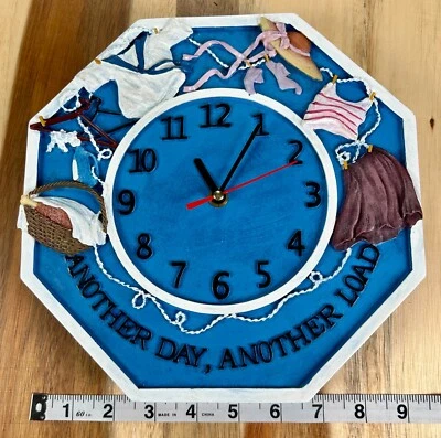 Vintage Laundry Room Themed Octagonal Wall Clock Blue Battery Operated New K8400 - Image 1 of 4