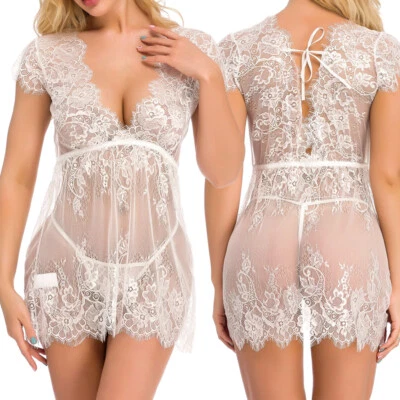 Sexy Conjunto de Vestido Lencería Transparente de Encaje Floral Cuello en V Malla Quimise Prendas para Dormir Foto 1 de 4