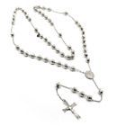 18K WHITE GOLD ROSARY NECKLACE MIRACULOUS MEDAL JESUS CROSS, DIAMOND CUT SPHERES