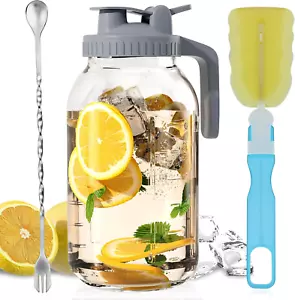 Glass Mason Jar Pitcher - 64Oz with Pour Spout Lid, Airtight Seal - Ideal for Co - Picture 1 of 12