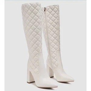 London Rag Womens Quilt Knee High Boots US Size 6 37 White Block Heel Boots New - Picture 1 of 12