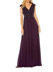 Vestido Mac Duggal Berenjena Púrpura Lentejuelas Cintura Imperio Plisado Talla 16 $598 - Imagen 1 de 3