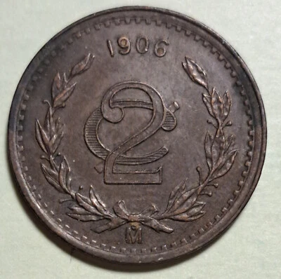 1906 Mexico 2 Centavos Narrow Date Better Grade Bronze Coin - Image 1 of 3