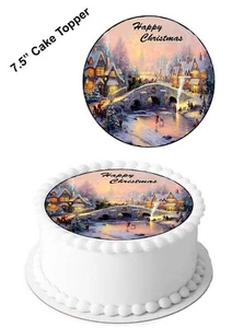 Edible Icing Happy Christmas Vintage Village Scene  7-8" Circle Cake Topper - Picture 1 of 9
