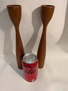 Vintage MCM 2 Teak Wood Tulip Candlestick Candle Holders Denmark 11.5 Inches - Picture 1 of 8