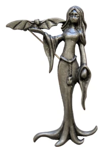 AJC PIN Halloween Vintage MORTICIA ADDAMS Pewter VAMPIRA ELVIRA Signed Brooch - Picture 1 of 4