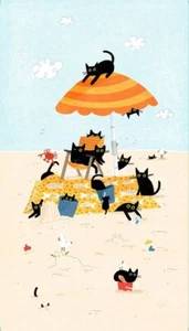 Feline Drive Fabric SANDY PAWS Cat Panel Beach Swimming - Sold by the Panel - Picture 1 of 7