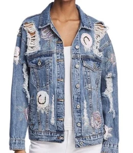Brand New- Sunset + Spring Destroyed Embellished Denim Jacket Womens (Size M) - Picture 1 of 11