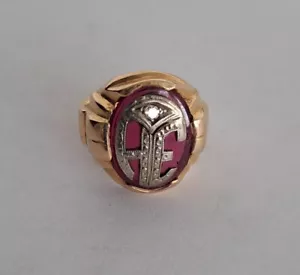Vintage 1940's 14K Men's Ring Synthetic Ruby with Diamond Size 6.5 - Picture 1 of 5