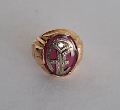 Vintage 1940's 14K Men's Ring Synthetic Ruby with Diamond Size 6.5 - Image 1 of 4