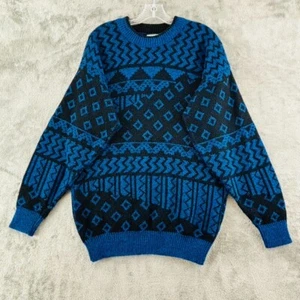 Vintage J.J. Cochran Sweater Mens L Blue Black Diamond Geometric USA Made 90s - Picture 1 of 7