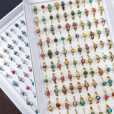 Wholesale 30 Colorful Natural Stone Vintage Rings Mix Women Girl Charm Jewelry - Image 1 of 4