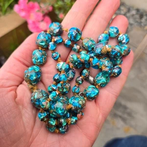 Antique Venetian Glass Beads Necklace Blue Silver foil Art Deco Flapper Long - Picture 1 of 10