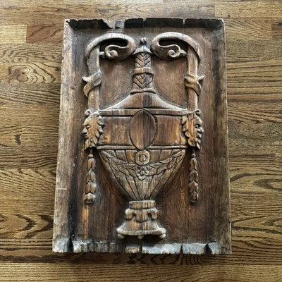 Antique Old Wooden Hand Carved Pottery Gargoyle Wall Hanging Panel 16x24 - Image 1 of 4