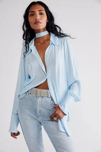 Neu ohne Etikett Free People Lala einfarbige Bluse neon himmelblau Langarm weich transparent Größe M - Bild 1 von 16