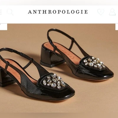 Anthropologie Vicenza Negro Charol Cristal Cordones Bloque Tacones Talla 7 Foto 1 de 4