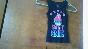 Faded Glory Girls XS (4/5) SWEET SMILE Cupcake Tanktop Black Ribbed Stars GREAT! - Picture 1 of 12