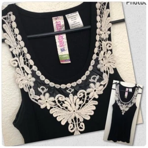 FRESH BREWED Juniors Small Tank Top Embroidered Detail Sleeveless Black NWOT - Picture 1 of 12