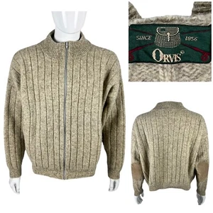 Orvis Mens XL Sweater Vintage Full Zip Elbow Patches Beige Wool Made In USA - Picture 1 of 11