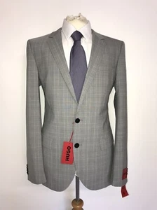 HUGO BOSS - Mens Slim Fit GREY Checked WOOL SUIT - 42 Long - W36 L34 - BNWT £489 - Picture 1 of 13