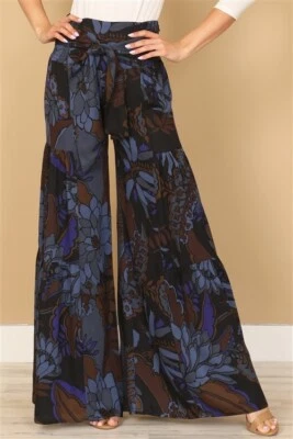 Navy Blue Multi Print Wide Leg Palazzo Pants Size Medium Tie Front Hippie Boho - Image 1 of 3