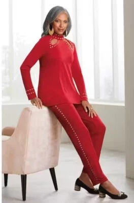 3X PLUS Ashro Red Gold Studded Formal Wedding Church Party Beverly Pant Suit Set - Image 1 of 4