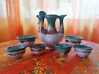 Vintage Ceramic Rooster Decanter and 6 Mugs Set, Bulgarian Traditional Pottery