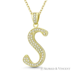 Ciondolo lettera iniziale "S" scrittura corsiva zirconi cristallo .925 argento sterling 14k GP - Foto 1 di 1