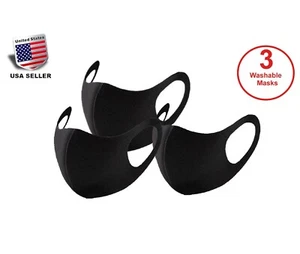 Maschera Viso Bocca Lavabile Riutilizzabile Misto Poliestere Morbido (Nero, Confezione da 3) - Foto 1 di 6
