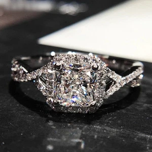 Princess Cut Halo Twisted Band 925 Silver Women's Engagement Wedding Ring - Picture 1 of 18