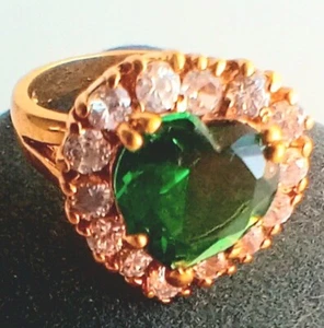 Signierter LL 925 Sterling Silber Gold Vermeil grünes Herz Zirkonia Ring Gr. 9 - Bild 1 von 11