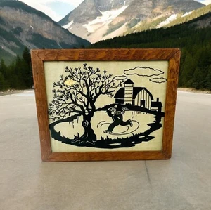 Sagoma vintage legno incorniciato arte pattinaggio su ghiaccio bambino fienile albero - Foto 1 di 8