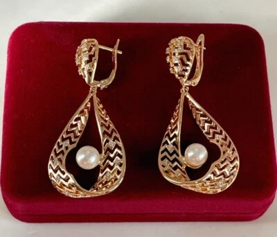 Luxus lange Perlen Ohrringe Creolen Zirkonia 750er Gold 18K vergoldet Damen 47mm - Bild 1 von 4