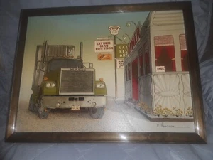 H Hargrove Ölgemälde auf Leinwand Truck Stop Szene Mack Truck / Reefer Vinage  - Bild 1 von 7