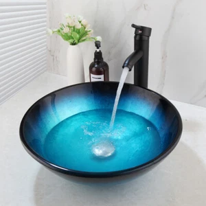 Blue Round Temperd Glass Bathroom Basin Vessel Sink Black Mixer Taps+Drain Set - Picture 1 of 9