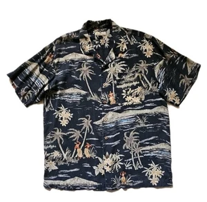 TOMMY BAHAMA Pure Silk Shirt Mens L Black Loose Fit Hawaiian Dancers - Picture 1 of 15