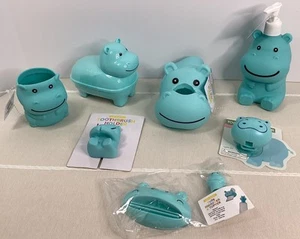 Kids Bathroom set 7 pc. - Teal Hippo - Toothbrush Holder, Soap Dispenser & More - Picture 1 of 18