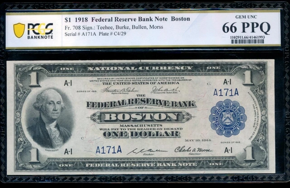 AC  Fr 708 1918 $1 FRBN Boston PCGS 66 PPQ low serial A171A - Image 1 of 2