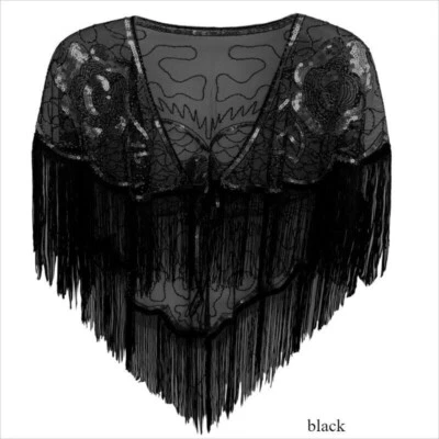 Women Flower Sequin Shawl Cape Lace Up Tassel Sheer Wrap Evening Dress Cape - Image 1 of 4
