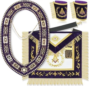 Delantal masónico Grand Lodge Master Mason 100 % piel de cordero con cuello de cadena y puños - Imagen 1 de 4
