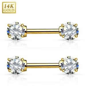 Pair of 14kt Yellow Gold Nipple Bars Double Prong CZ Gems -14 Gauge 1/2" (12 mm) - Picture 1 of 1