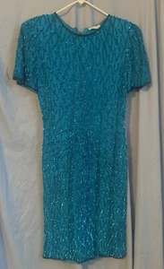 Vintage 100% Silk Beaded Sz S 6-8 Bright Blue Dress. W Shoulder Pads. - Picture 1 of 13