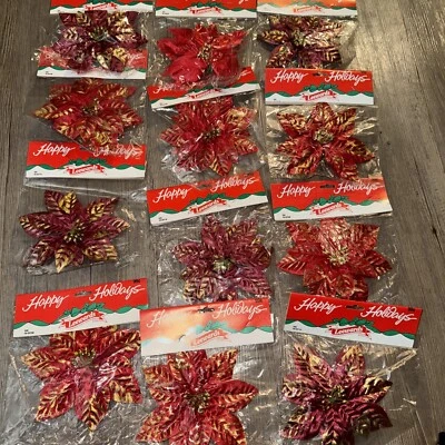 Poinsettia Flowers Satin Fabric Christmas Decoration Vintage New Lot Of 12 6” - Image 1 of 4