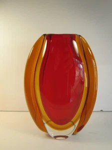 VTG Red Center & Amber Outer Area Heavy Sommerso Murano Glass Heavy Vase - Picture 1 of 8