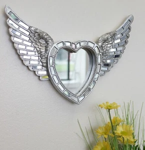 Heart Wall Hanging Mirror Home Decor Feathered Mosaic Decorative Silver Vanity - Picture 1 of 24