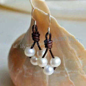 9-10mm Natural White Freshwater Pearl Dangle Brown Leather Silver Hook Earrings - Picture 1 of 6